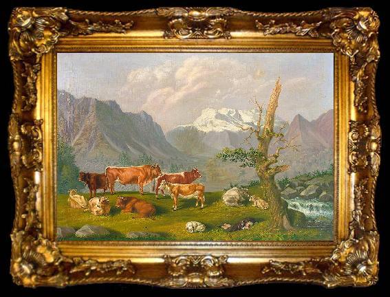 framed  Johann Kaspar Scherrer Weidelandschaft in den Schweizer Bergen mit Katarakt und Gebirgshorizont, ta009-2